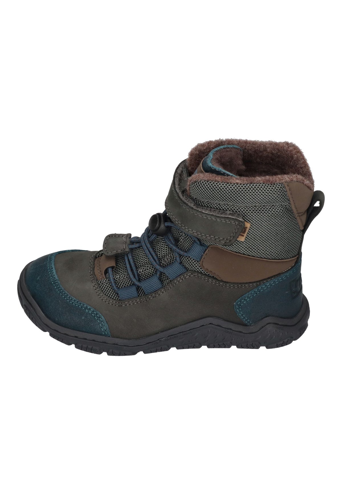 KOEL Ravo Wool TEX Barfuß-Kinderboots in Turquoise, grau mit braunen Einsätzen und Wollfutter, Seitenansicht