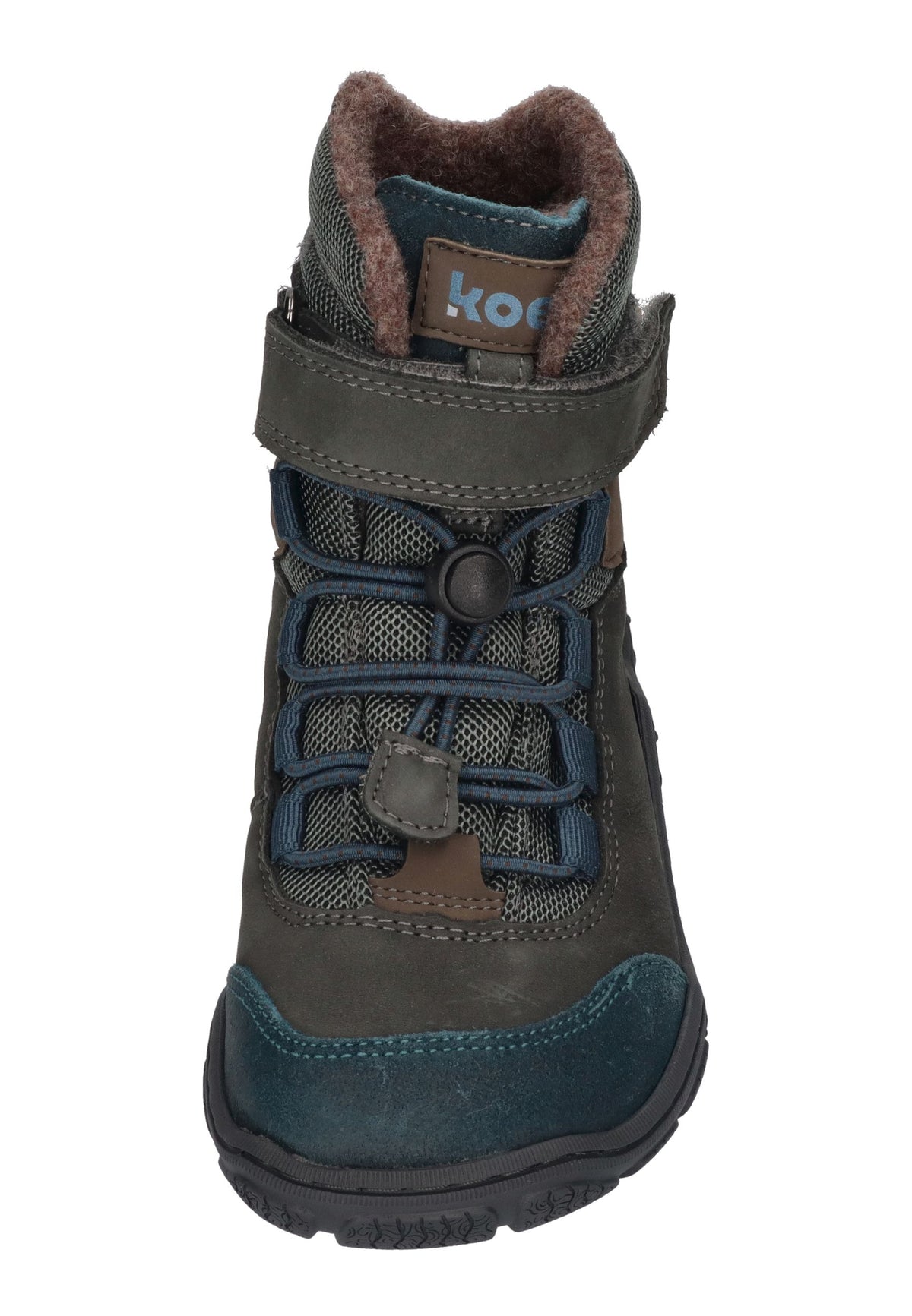 KOEL Ravo Wool TEX Barfuß-Kinderboots in Turquoise mit Klettriemen, Schnellschnürung und Logo-Lasche, von vorn