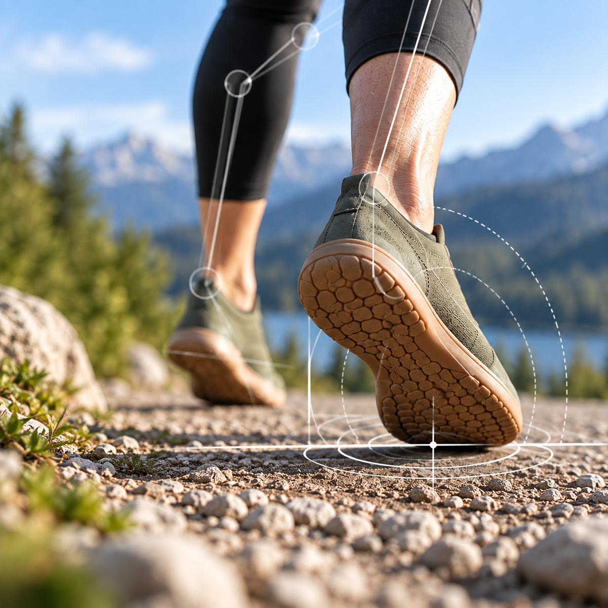 Laufschuh in Bewegung mit schematischer Darstellung biomechanischer Bewegungsabläufe