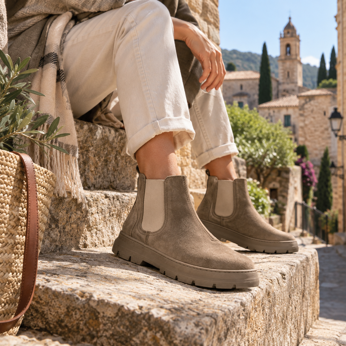 Natural World Chelsea Boots in beige in einer sonnigen spanischen Lifestyle-Szene