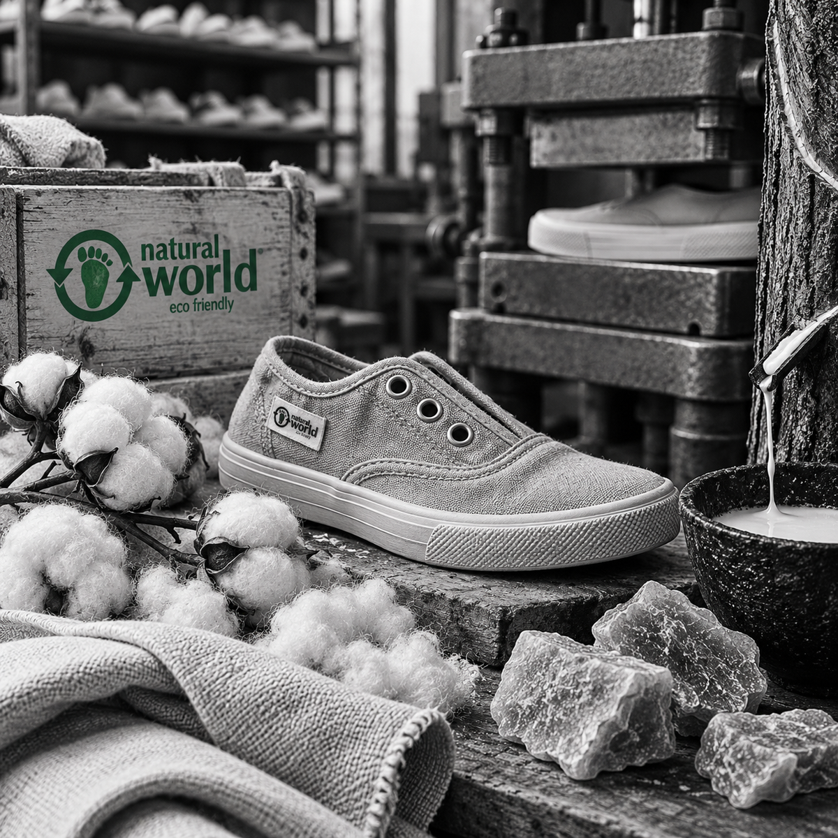 Natural World Schuh mit Baumwolle und Naturkautschuk in einer Werkstatt zur Schuhherstellung