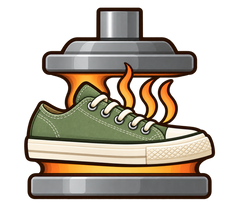 Natural World Icon mit Schuh und Presse zur Darstellung der Vulkanisation