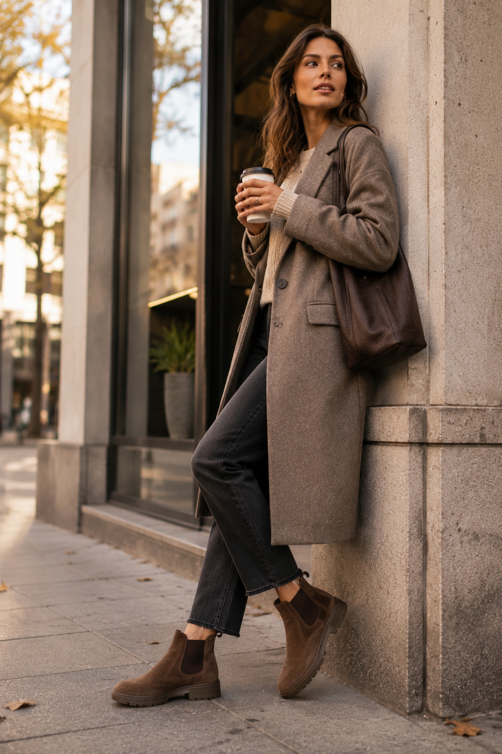 Frau mit braunen Booties im modernen urbanen Herbst-Look – shoedeal.de