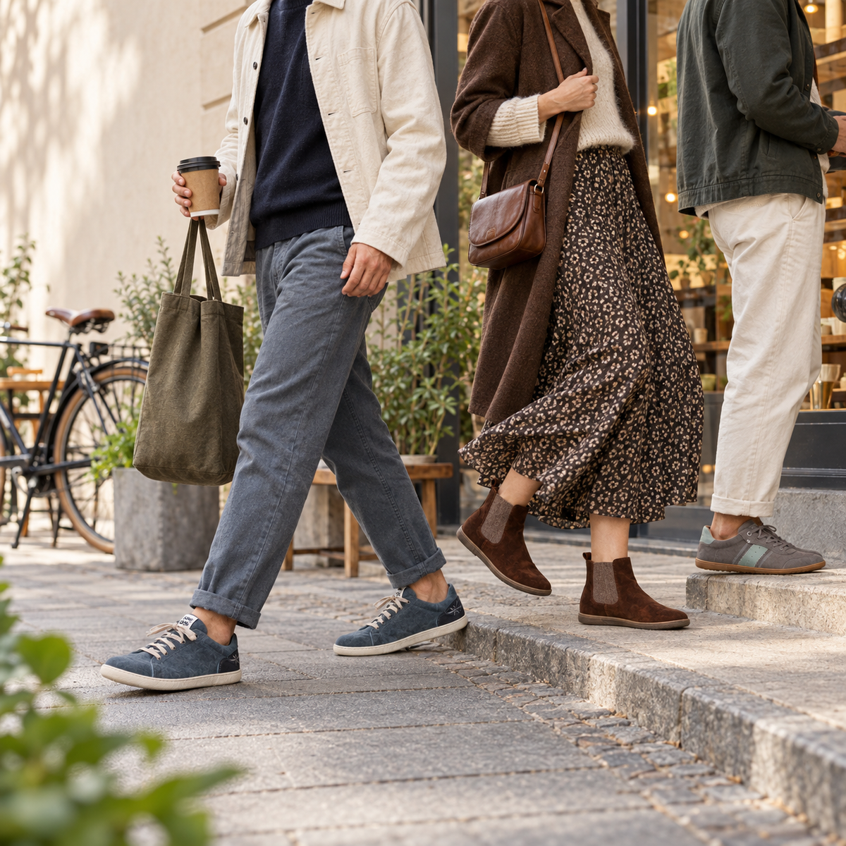 Entdecke ausgewählte Barfußschuhe verschiedener Marken für Damen und Herren in einer lebendigen Alltagsszene.