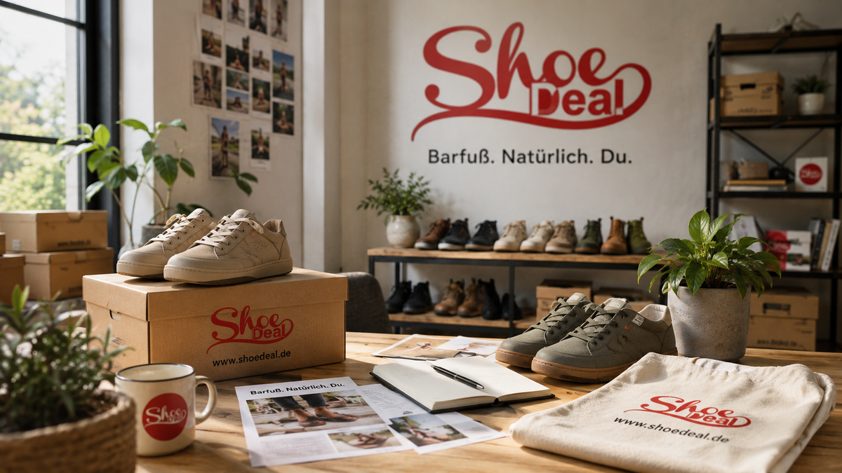 SHOEDEAL Markenwelt mit Schuhen und originalem Logo in authentischer Arbeitsumgebung – shoedeal.de