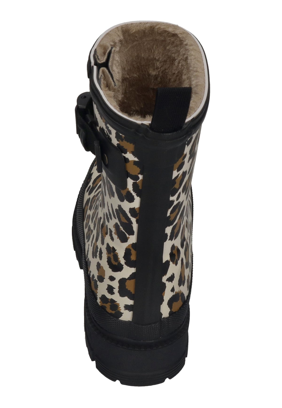 VERBENAS Lina Fur Smooth Animal Gummistiefel in Crudo Leo mit schwarzer Fersennaht und Zuglasche, von hinten