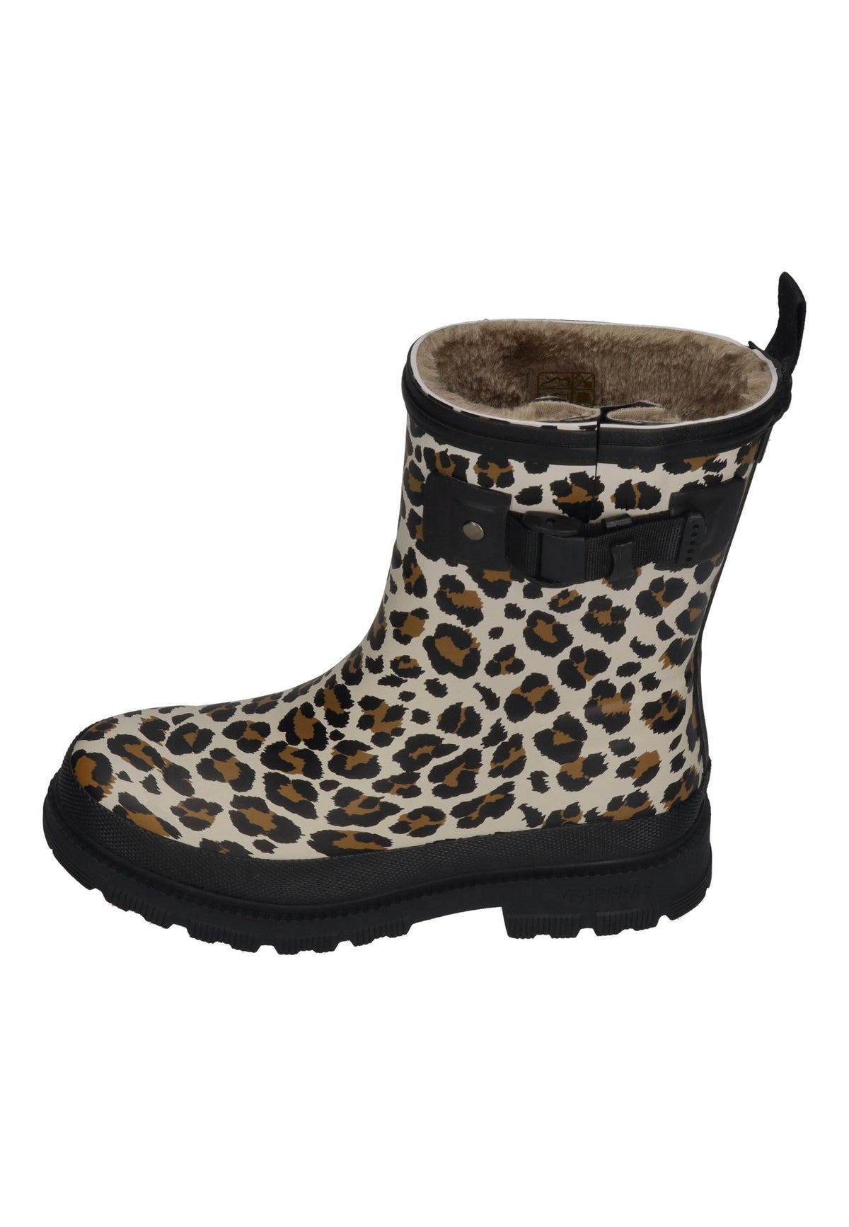 VERBENAS Lina Fur Smooth Animal Gummistiefel in Crudo Leo, kurzer Schaft mit Schnalle und Profilsohle, Seitenansicht