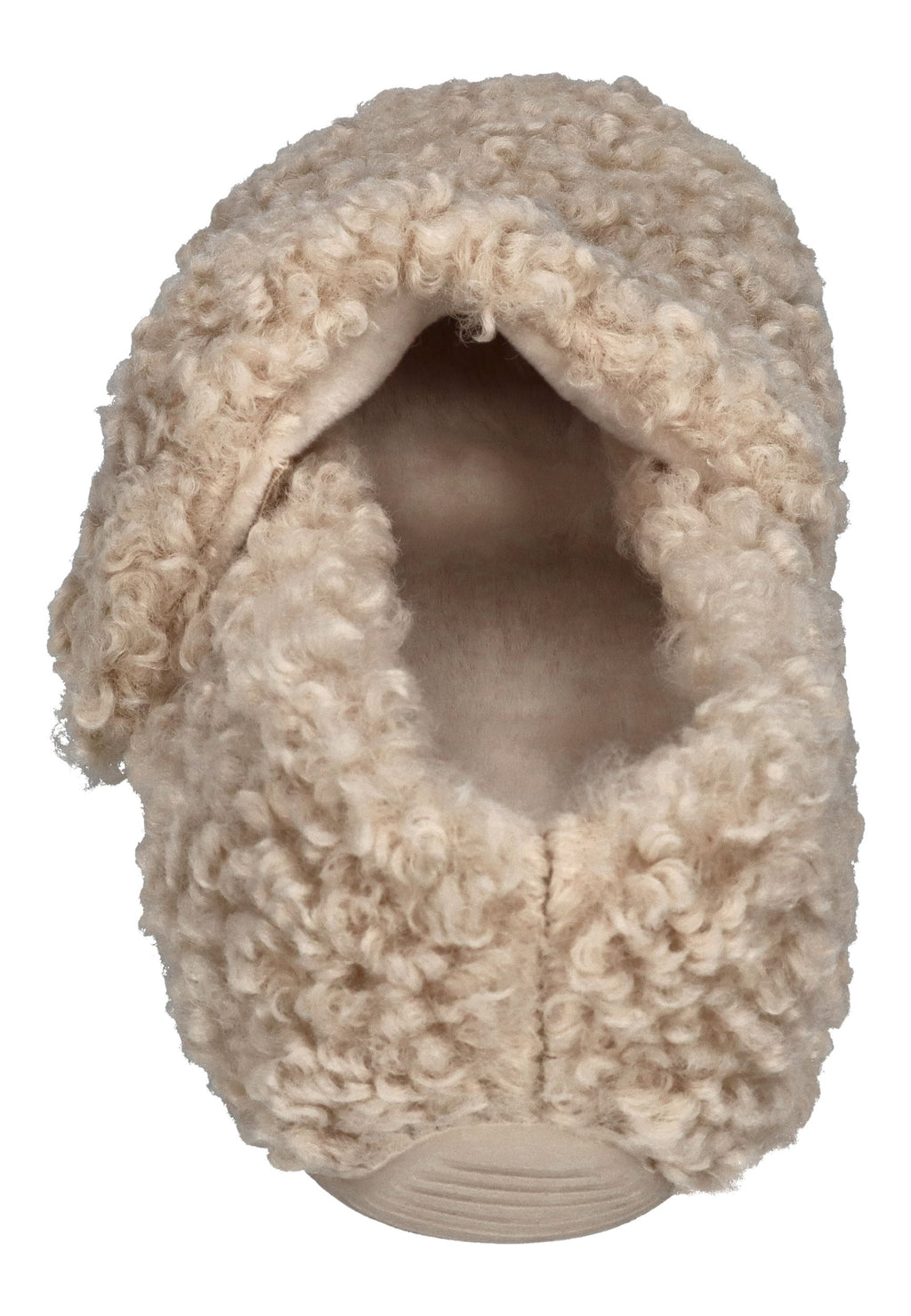 VERBENAS Yina Curly Hausschuh in Beige aus Lockenkunstfell, Blick ins Futter, von hinten