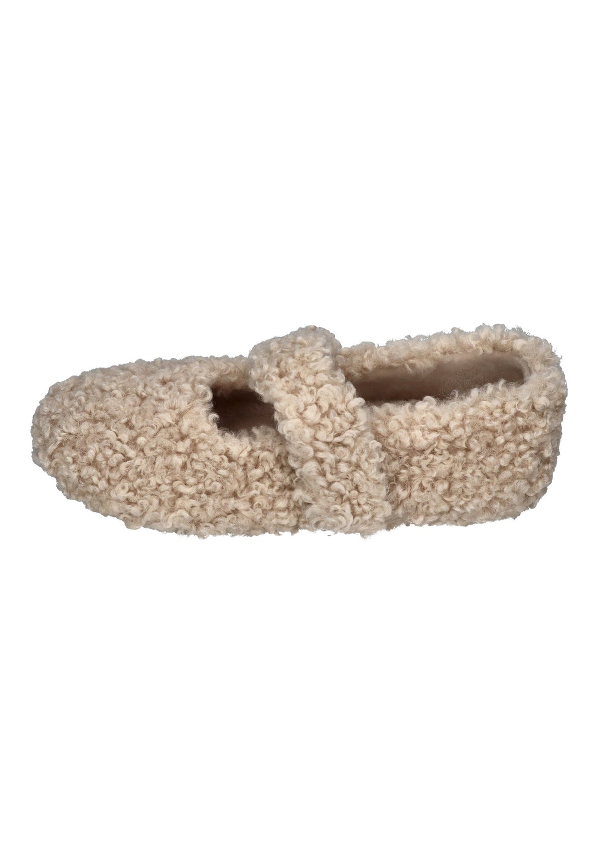 VERBENAS Yina Curly Hausschuh in Beige aus Lockenkunstfell mit Spangenriemen, Seitenansicht