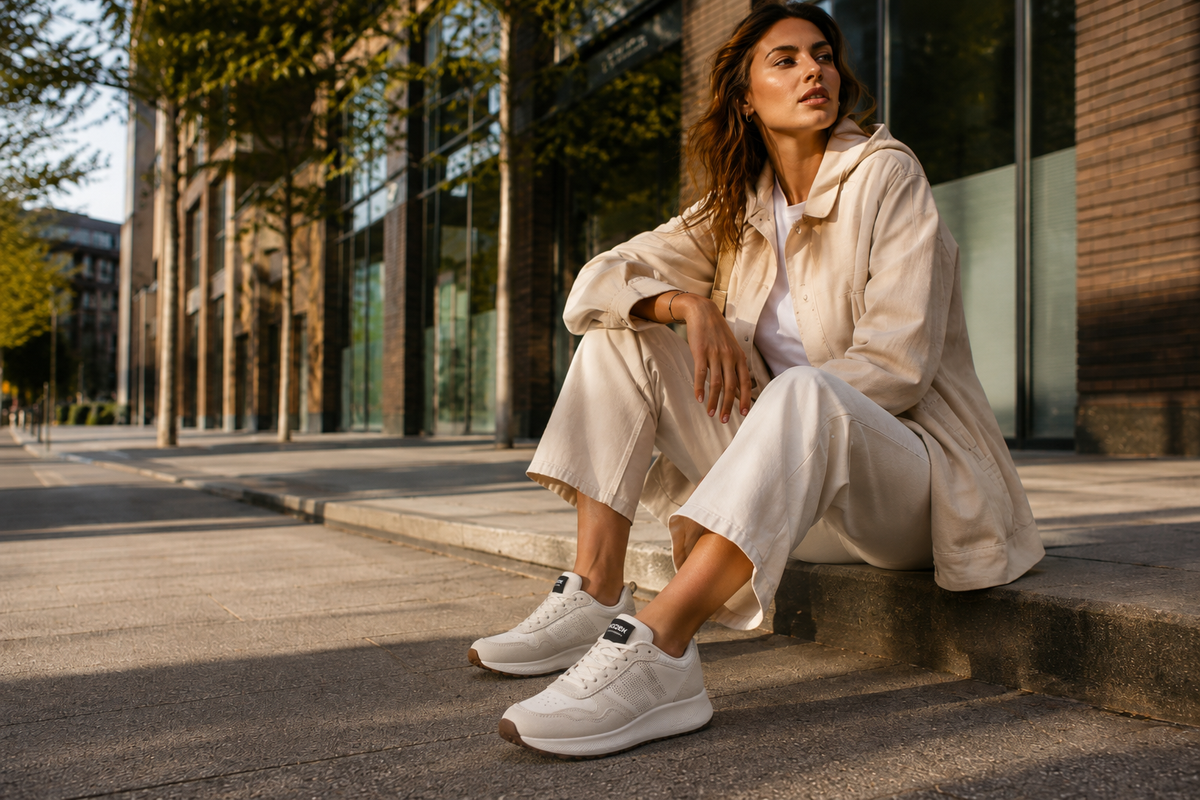 Weiße WODEN Damen Sneaker zu hellem Outfit in moderner City-Kulisse – shoedeal.de
